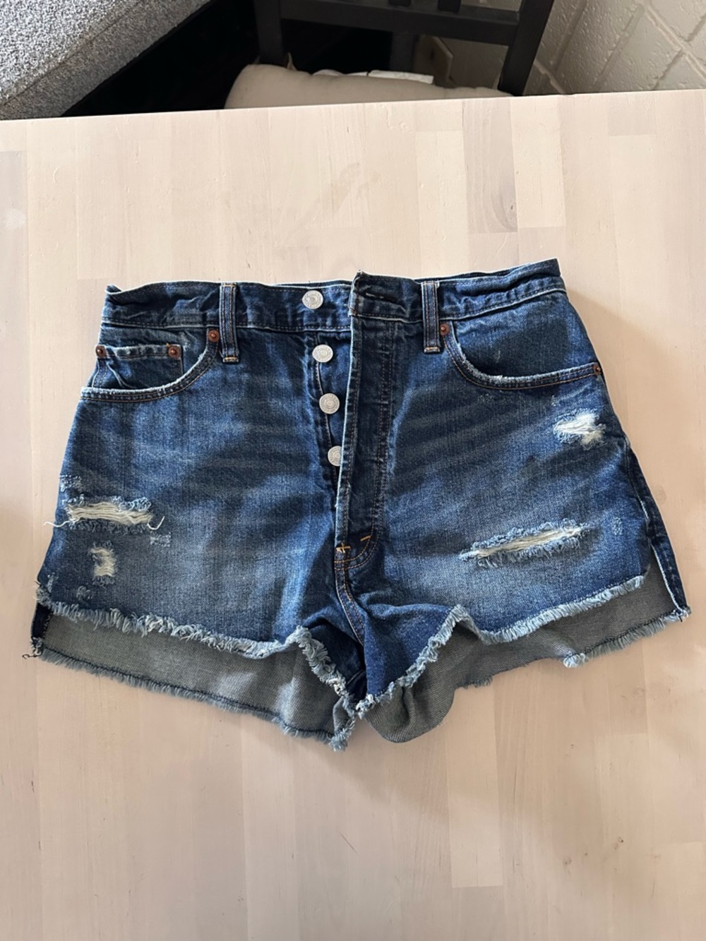 Abercrombie & Fitch Distressed Dark Blue Denim Button-Fly Shorts